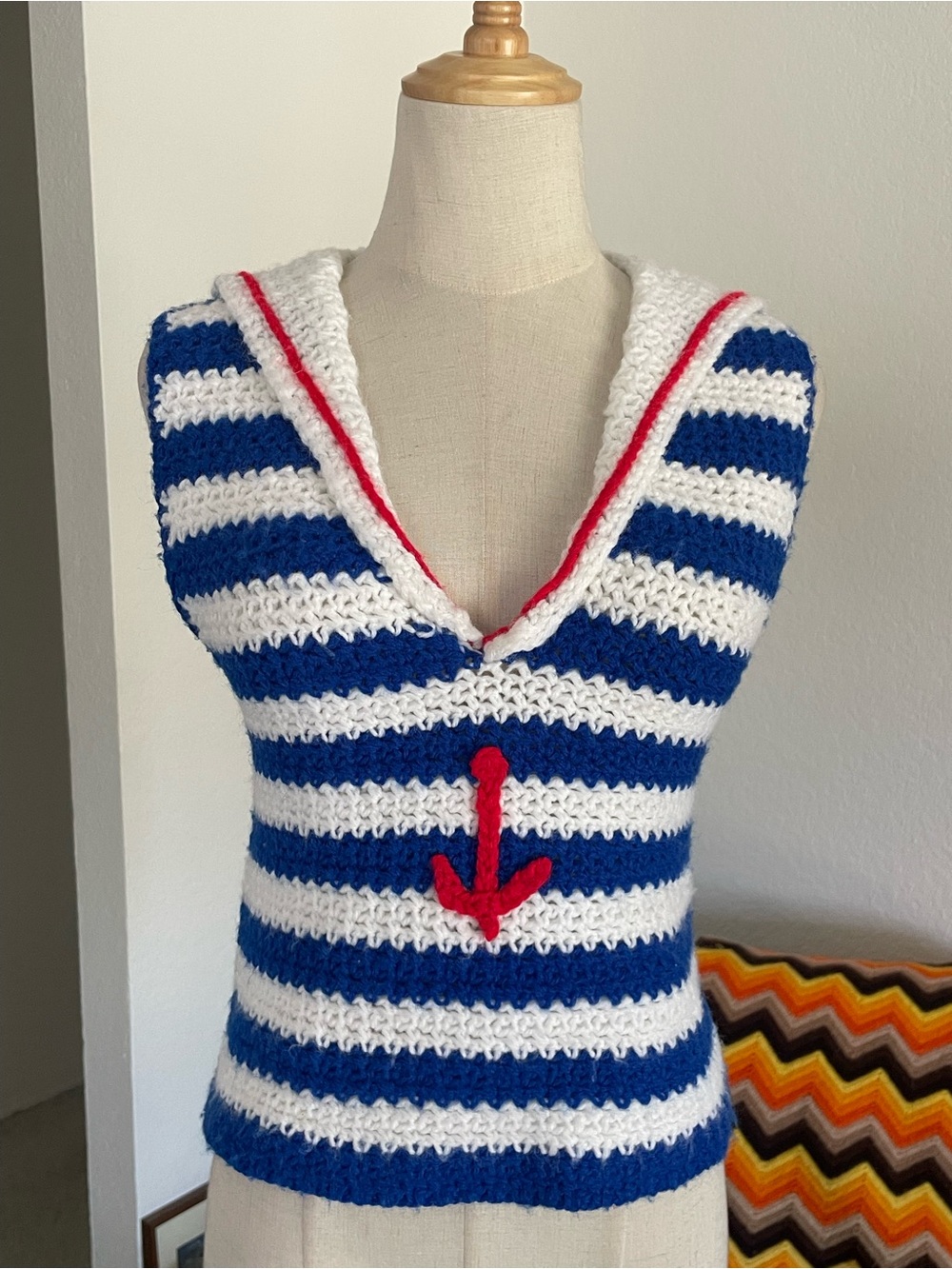 Vintage 1970s Handmade Sailor Stripes Crochet Top